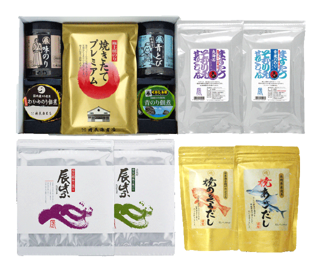 雅－みやび－ 辰紫　辰紫混ぜ　焼きたてプレミアム　丸海苔プレミアム　青飛びプレミアム　味のり2種　青のりの佃煮　わかめのりの佃煮　焼のどぐろ出汁　焼あご出汁ギフト　通販限定送料無料
